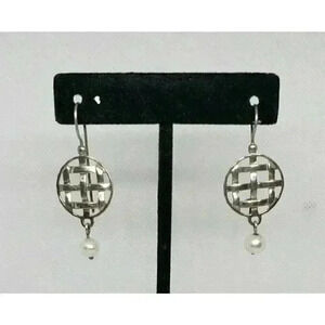 Vintage Pearl Earrings Sterling Silver Basket Weave Genuine Drop Dream Catcher